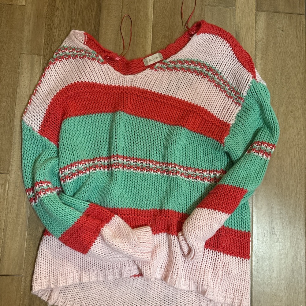 Altar'd State Red and Pink Crew Neck Sweater